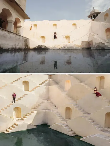 A wide-angle collage of the Jaipur stepwell, showing the scale and architectural beauty of the location, with the couple creating beautiful shapes within the frame.