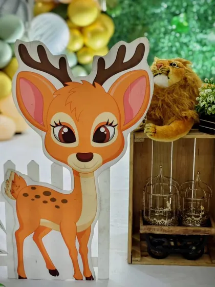 A close-up of a cute deer cutout, one of the many friendly character's we use in our jungle party theme's.