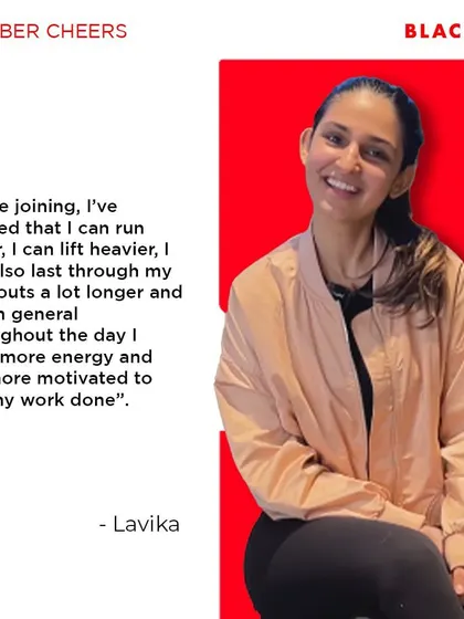 Member cheers for Lavika! She's noticed she can run faster, lift heavier, and has more energy throughout the day since joining.