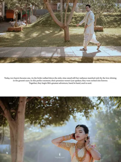 A creative layout showing the groom walking and the bride in a serene pose, with a poetic quote about two hearts becoming one.