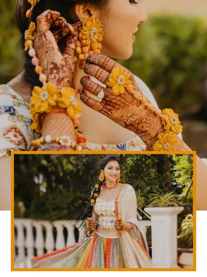 A collage focusing on the bride's beautiful floral jewelry and her colorful lehenga for the Haldi ceremony. These details are an essential part of the traditional look.