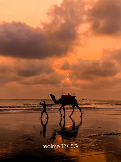 A silhouette of a man with his camel on the beach against a dramatic sunset sky. The reflection in the wet sand adds a beautiful symmetry to this iconic beach scene.