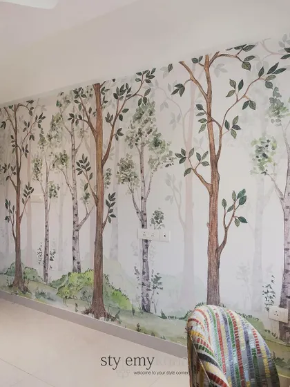 A full view of the beautiful forest mural wallpaper that serves as the backdrop for the study area, bringing a sense of nature and adventure into the room.