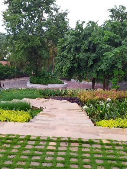 A rich tapestry of textures defines the grounds of the yoga school. This view shows our use of chequered grass pavers, stone steps, and a diverse palette of shrubs and groundcover to create a visually interesting and walkable environment.