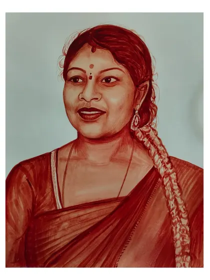 A finished blood portrait of a woman in a sari, showcasing the rich, warm tones that the blood pigment creates.