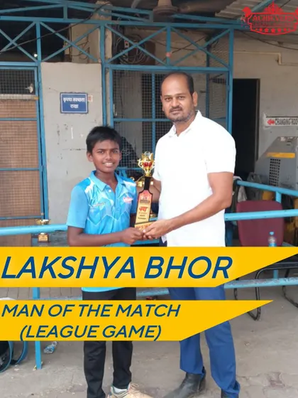 Lakshya Bhor receiving the 'Man of the Match' award for his stellar play during a crucial league game of the AT Cup U-14 Mini IPL.