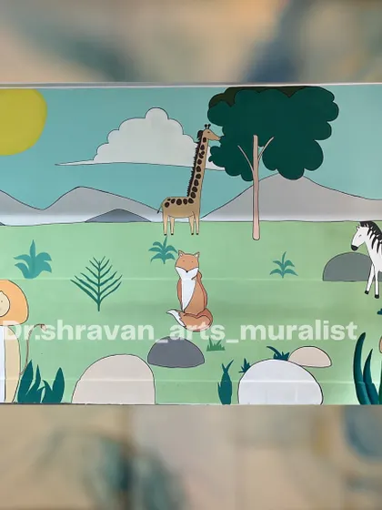 A simple and cute forest-themed wall art for a nursery school. The clean, cartoonish style is perfect for young children.