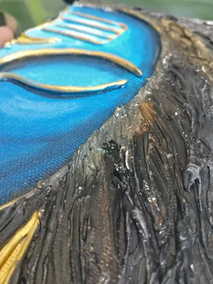 A close-up from a different angle of the Shiva texture painting.