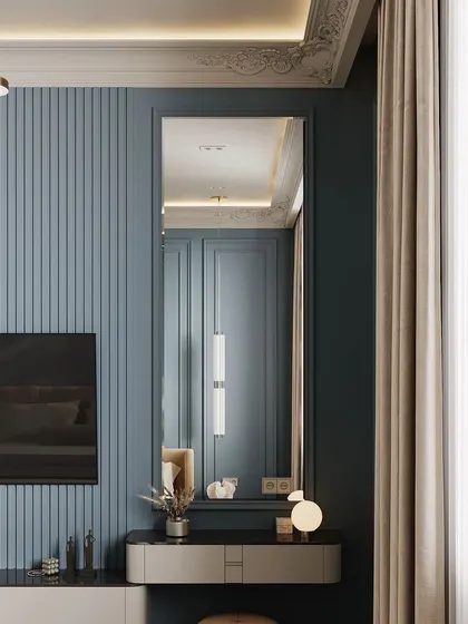 A close-up of the vanity area in the blue bedroom render, highlighting the mirror and fluted wall texture.