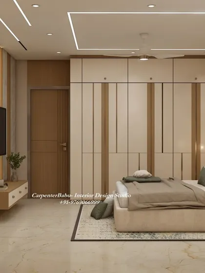 This bedroom features a wardrobe with a unique vertical striped pattern, adding a graphic element to the room. The design is modern, clean, and stylish.