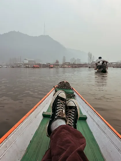 My view from a shikara ride on Dal Lake. Just relaxing and taking in the serene, foggy landscape.