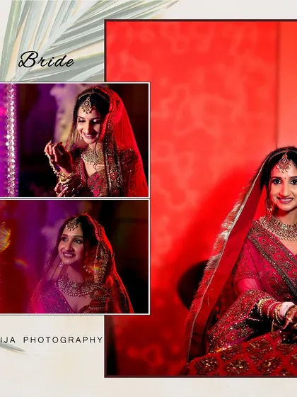 This bridal portrait collage uses vibrant, colorful lighting to create a dramatic effect. It captures the bride's happy expressions and the richness of her red lehenga.