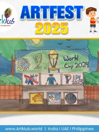 This senior artist's work celebrates the spirit of cricket with logos from the World Cup and IPL.
