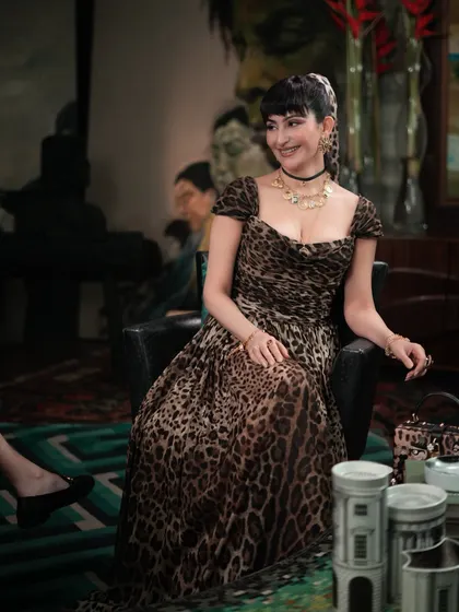Another angle of the stunning Dolce & Gabbana look from the 'Fabulous Lives' set. Every piece was chosen to contribute to the narrative of luxury and style.