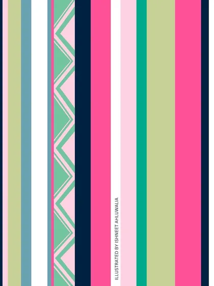 A colourful striped pattern that coordinates with the 'Tropical Tapestry' collection. I design these simpler prints to complement the more intricate hero patterns, allowing for easy mixing and matching.
