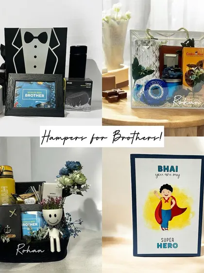 A collage showcasing my diverse range of Rakshabandhan hampers for brothers. From fun and quirky to sophisticated and personalized, I have a gift to match every brother's personality.