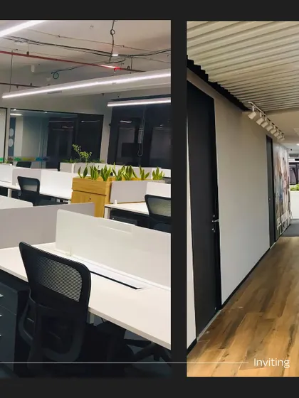 A split view of the Crocs office interior, showing the clean, open workstation layout on one side and a wood-floored hallway on the other. This demonstrates our focus on creating practical and inviting circulation spaces.