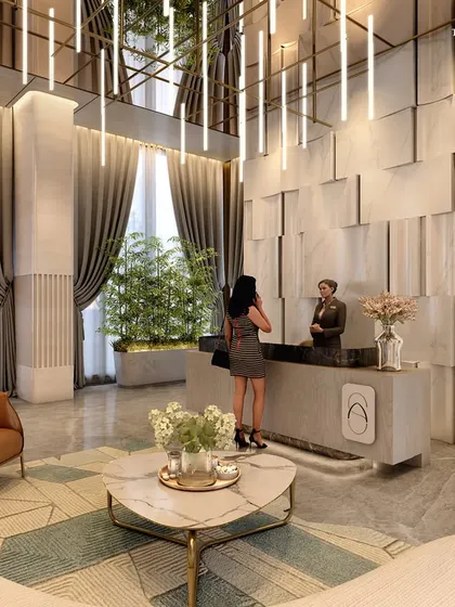 The lobby of our boutique apartment building in Nagpur, where Fontane Sclare walls meet Burberry beige floors. This space is a sublime first impression, with every detail from the hydro-finish stone to the metallic ceilings radiating sophistication.
