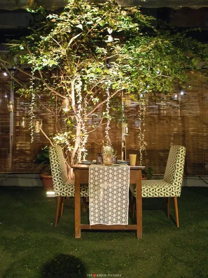 A simple yet stunningly romantic dinner-for-two setup under a tree adorned with hanging lights. It's the perfect private setting for an anniversary or proposal.