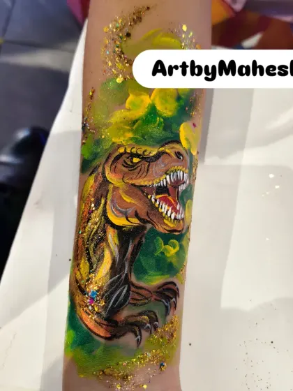 This isn't just for kids. I also create detailed and realistic body art, like this fierce T-Rex temporary tattoo, perfect for themed events or anyone wanting to make a bold statement.