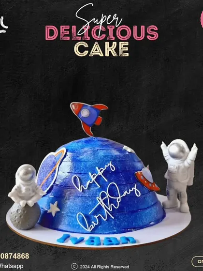 An out-of-this-world birthday adventure! This space-themed cake features a planet design with two astronauts and a rocket ship, perfect for a little explorer's celebration.