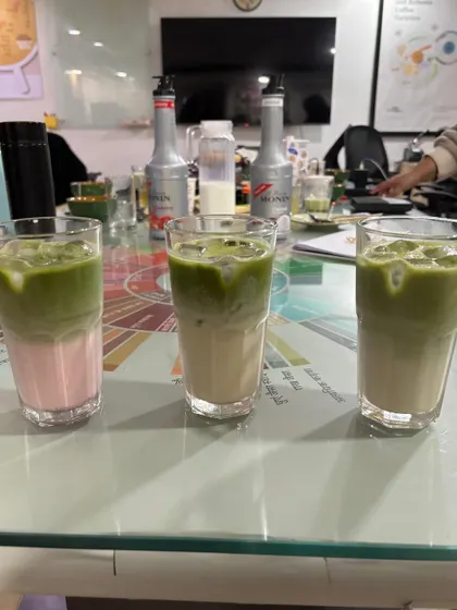 The beautiful, layered results of our students' work in the Matcha Masterclass. We explore both traditional and modern matcha recipes.