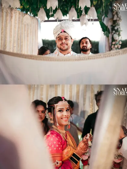 A split-screen view of the bride and groom's first look during the Antarpat ceremony. This is a pivotal, emotional moment that we love to document.