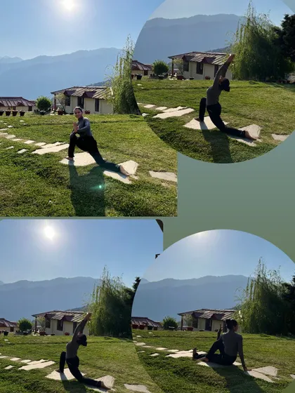 A collage of my morning practice in Uttarkashi. Moving through poses like Anjaneyasana and seated twists helps prepare my body and mind for the day, stretching muscles and finding inner peace.