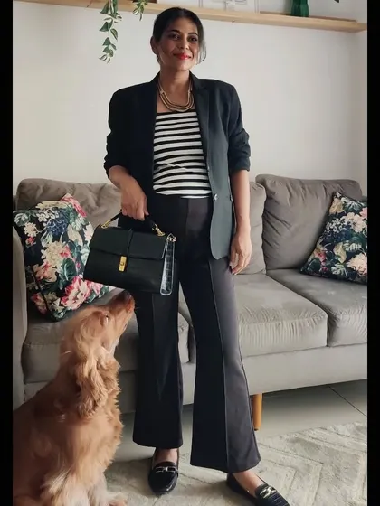 A peek into my real life. Juggling work and life, even my dog approves of this comfortable and professional maternity look.