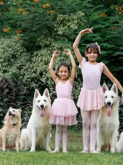 A truly one of a kind portrait featuring two little ballerinas with their team of five therapy dogs. This showcases how I can manage and photograph larger groups of pets and people.