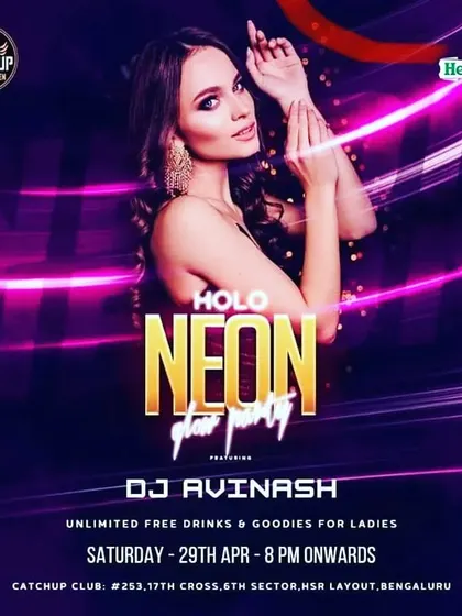 A flyer for a Holo Neon Glow Party at Catch Up. I love these events where the crowd, the decor, and the music all glow.