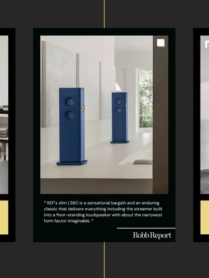 As noted by Robb Report, the KEF LS60 is a "sensational bargain and an enduring classic." This image showcases its slim, elegant form factor in Royal Blue, a floor-standing loudspeaker that delivers everything, including the streamer.