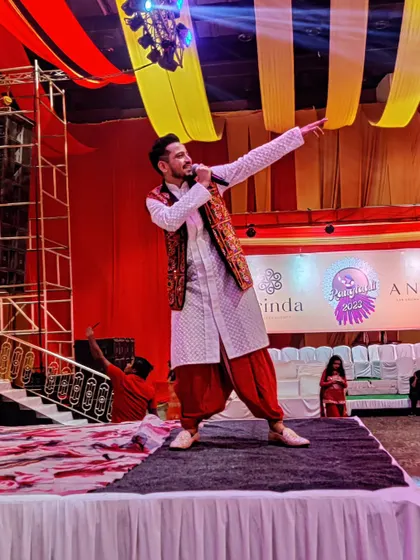 A full-stage view from my performance at Rangtaali Navratri 2023 in Hyderabad. This photo captures the energy and scale of the event, showing my comfort and command on a large festival stage.