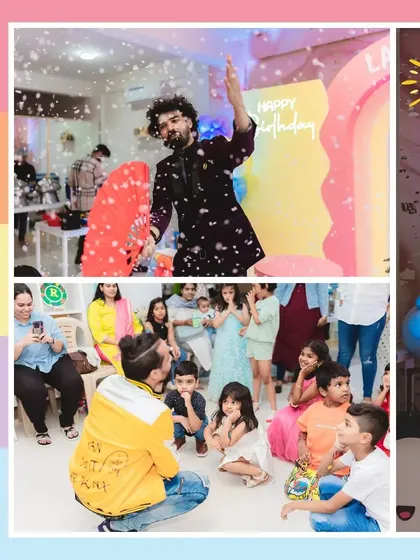 A collage from Lakshya's rainbow-themed party, showing a magician entertaining the kids and the colorful balloon and backdrop decor.
