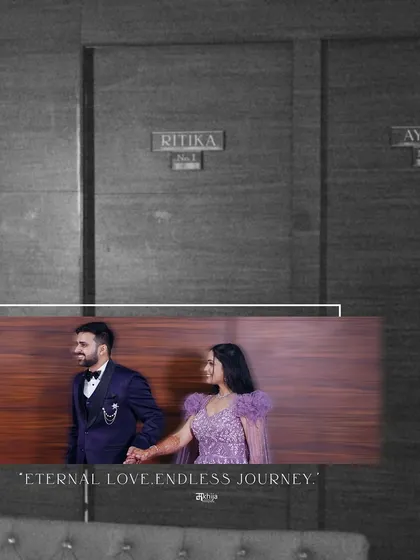A creative shot from Ayush and Ritika's Sagan ceremony. The motion blur and the nameplates on the doors add an artistic touch, telling the story of their two lives becoming one.