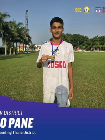 Rio Pane, holding his medal while representing Thane District. His success at the district level is another step on his promising football journey.