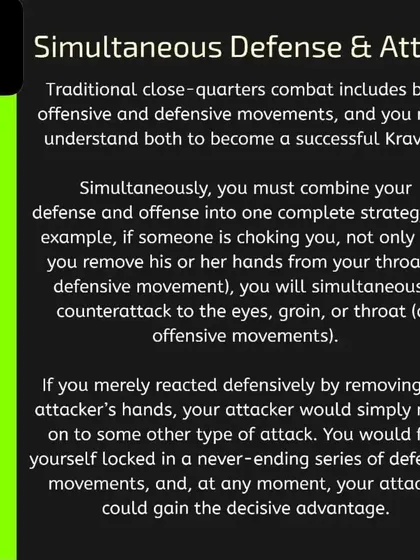 The first pillar is Simultaneous Defense and Attack. I teach you to block and strike in one fluid motion. Purely defending only prolongs the fight; you must counterattack immediately to gain the advantage.