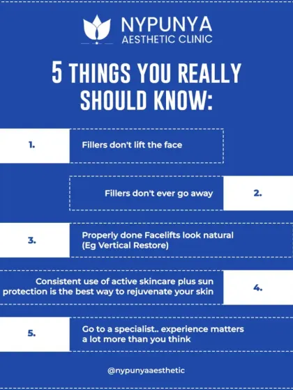 Here are five things you should know about aesthetic treatments. For instance, fillers add volume but they don't lift the face. Also, a properly done facelift looks natural. It's crucial to go to a specialist, as experience matters more than you think.