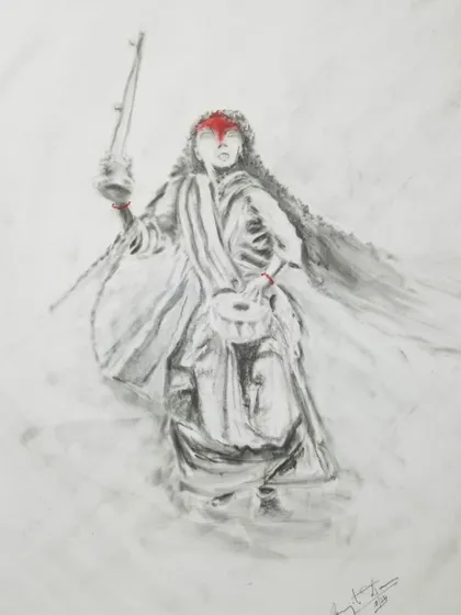 Experimenting with graphite to create an atmospheric piece. This sketch of a Baul singer uses soft shading and strong highlights to convey movement and emotion.