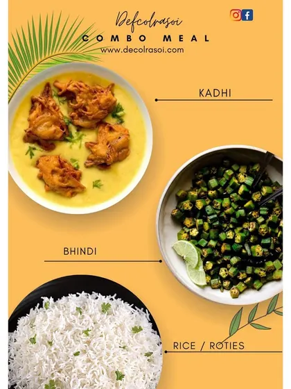 A delicious combo meal featuring our creamy Kadhi, simple Bhindi sabzi, and your choice of rice or rotis. A perfect comfort meal.