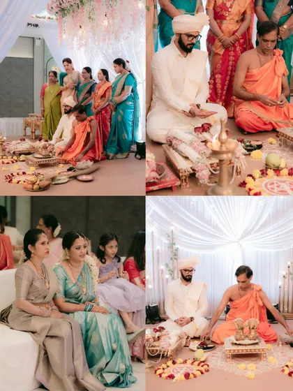 A four-part collage showing the serene atmosphere of a traditional wedding, with family and priests.