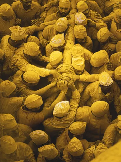 An overhead shot of devotees at the Pattan Kodoli festival, a sea of yellow. This is another of my favorite shots, capturing a moment of collective faith and energy that I am grateful to witness.