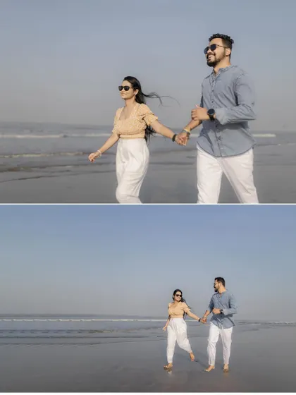A collage showing the couple enjoying a walk on the wet sand, with their reflections visible. Perfect for a beach pre-wedding album.
