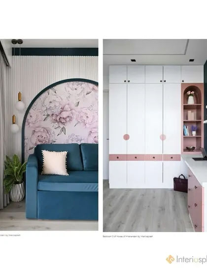 This playful and practical bedroom design was part of our feature in Volume Zero Magazine. The space includes a sofa bed with a floral arch and a custom wardrobe with integrated storage.