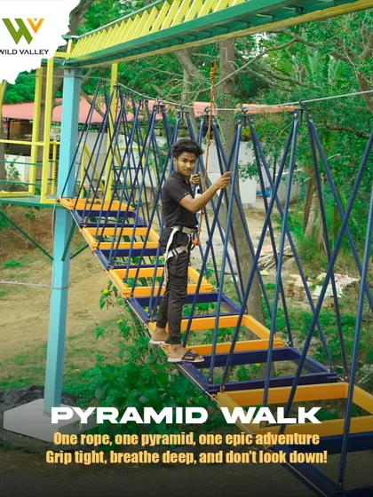 The Pyramid Walk is one of our more challenging rope activities. It requires focus and a steady hand to navigate the suspended, pyramid-shaped steps.