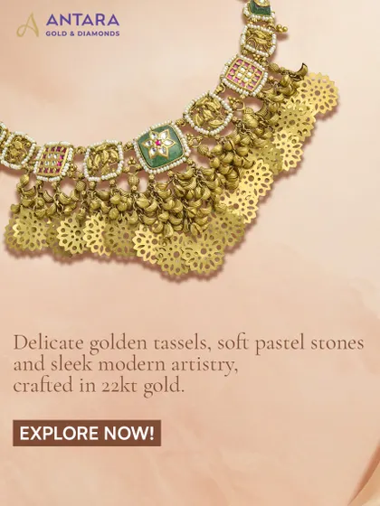 A closer view of the delicate golden tassels and sleek modern artistry. This piece combines soft pastel stones with traditional motifs, perfect for the modern bride.