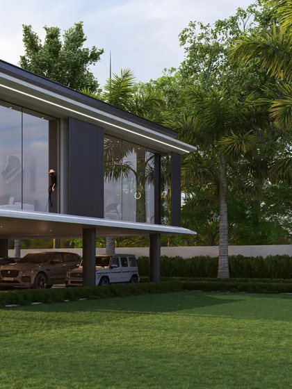 The outhouse's design features a cantilevered upper floor, creating a dramatic overhang above the parking area. This architectural move adds to the building's sleek and dynamic appearance.