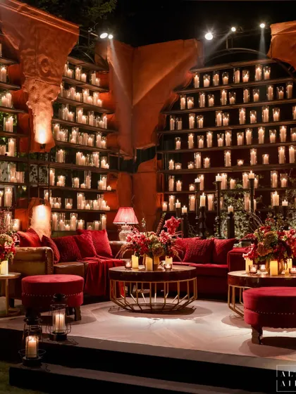 A cozy lounge area at the 'Laal Bagh' reception, featuring a wall of candles set within dramatic, broken arches. The design was a nod to understated royalty with a contemporary sense.