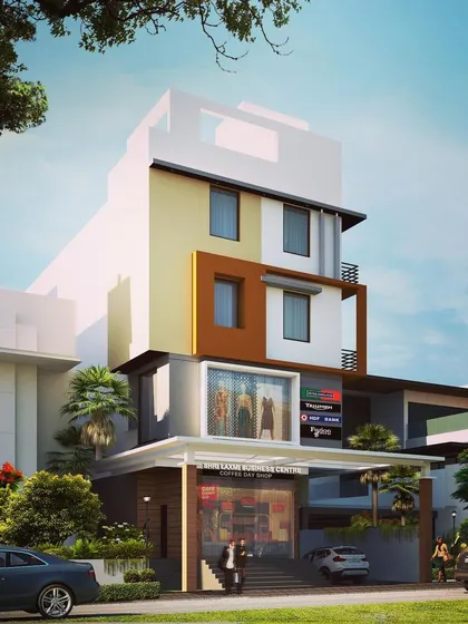A proposed design for a mixed-use commercial and residential complex. The ground floor is dedicated to retail with large glass storefronts, while the upper residential floors have a distinct, modern architectural language.