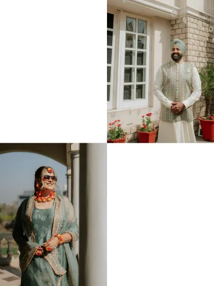 Portraits of the bride and groom in their Haldi outfits, capturing their individual looks before the festivities begin.